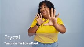  Presentation with panic - Slide deck consisting of hispanic-woman-standing-over-blue background and a mint green colored foreground