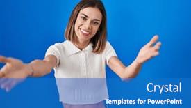  Presentation with hug - Slide deck with hispanic-woman-standing-over-blue background and a teal colored foreground