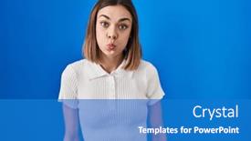  Presentation with puffing - PPT theme with hispanic-woman-standing-over-blue background and a teal colored foreground