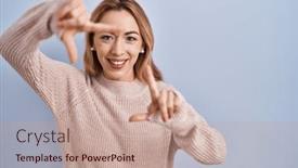  Presentation with creativity - PPT theme consisting of hispanic-woman-standing-over-blue background and a coral colored foreground