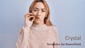  Presentation with lips mouth - Presentation design enhanced with hispanic-woman-standing-over-blue background and a lemonade colored foreground