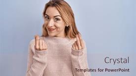  Presentation with salary - PPT theme with hispanic-woman-standing-over-blue background and a coral colored foreground