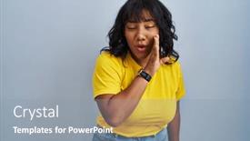  Presentation with talk - Theme having hispanic-woman-standing-over-blue background and a gray colored foreground