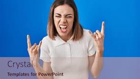  Presentation with rock music - Presentation design enhanced with hispanic-woman-standing-over-blue background and a coral colored foreground