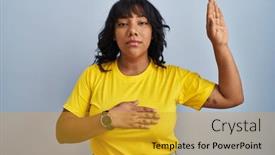  Presentation with chest - Presentation theme featuring hispanic-woman-standing-over-blue background and a gold colored foreground