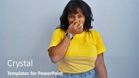  Presentation with bad breath - PPT theme having hispanic-woman-standing-over-blue background and a mint green colored foreground