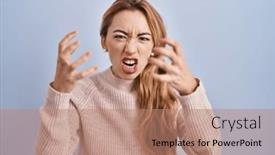  Presentation with yelling - Presentation with hispanic-woman-standing-over-blue background and a coral colored foreground