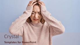  Presentation with migraine - PPT theme consisting of hispanic-woman-standing-over-blue background and a coral colored foreground