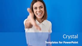  Presentation with blue handshake - Presentation theme having hispanic-woman-standing-over-blue background and a teal colored foreground