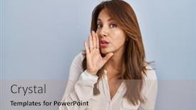  Presentation with talk - PPT theme featuring hispanic-woman-standing-over-isolated background and a coral colored foreground