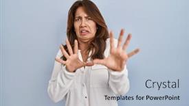  Presentation with panic - Presentation theme enhanced with hispanic-woman-standing-over-isolated background and a light blue colored foreground