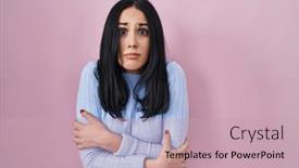  Presentation with sad woman - PPT theme with hispanic-woman-standing-over-pink background and a soft green colored foreground