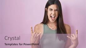  Presentation with rock star - Slide set having hispanic-woman-standing-over-pink background and a soft green colored foreground