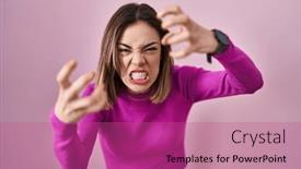  Presentation with yelling - PPT theme having hispanic-woman-standing-over-pink background and a coral colored foreground