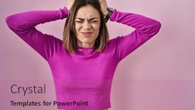  Presentation with migraine - Presentation design featuring hispanic-woman-standing-over-pink background and a coral colored foreground