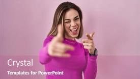  Presentation with energy - Presentation theme consisting of hispanic-woman-standing-over-pink background and a coral colored foreground