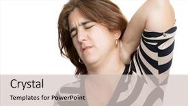  Presentation with cervical - Cool new presentation design with hispanic woman suffering from neck or cervical pain isolated on white backdrop and a soft green colored foreground