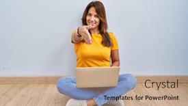  Presentation with laptop - PPT theme enhanced with hispanic-woman-using-laptop-sitting background and a coral colored foreground