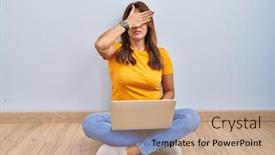  Presentation with sad woman - PPT theme having hispanic-woman-using-laptop-sitting background and a coral colored foreground