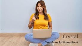  Presentation with salary - Slides with hispanic-woman-using-laptop-sitting background and a coral colored foreground