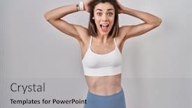  Presentation with woman hands open - PPT theme consisting of hispanic-woman-wearing-sportswear-over background and a light gray colored foreground