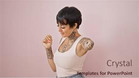  Presentation with pink disco dancing silhouettes - PPT theme with hispanic-woman-with-amputee-arm background and a coral colored foreground