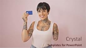  Presentation with credit card - Slides with hispanic-woman-with-amputee-arm background and a coral colored foreground