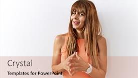  Presentation with optimistic - Slide deck enhanced with hispanic-woman-with-bang-hairstyle background and a coral colored foreground