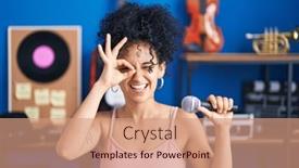  Presentation with music singing - Slides having hispanic-woman-with-curly-hair background and a coral colored foreground