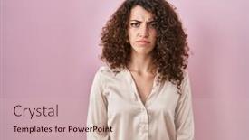 Presentation with upset - Presentation design enhanced with hispanic-woman-with-curly-hair background and a soft green colored foreground