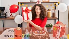  Presentation with curly hair - Presentation theme having hispanic-woman-with-curly-hair background and a coral colored foreground
