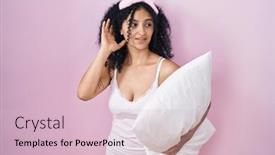  Presentation with pajama - Presentation design with hispanic-woman-with-curly-hair background and a lemonade colored foreground