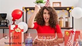  Presentation with curly hair - Presentation theme with hispanic-woman-with-curly-hair background and a  colored foreground