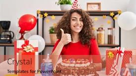  Presentation with happy birthday cake - PPT layouts consisting of hispanic-woman-with-curly-hair background and a  colored foreground
