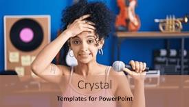  Presentation with music singing - Presentation theme having hispanic-woman-with-curly-hair background and a coral colored foreground