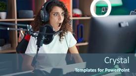  Presentation with video games playing - PPT theme with hispanic-woman-with-curly-hair background and a ocean colored foreground