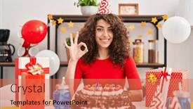  Presentation with birthday cake - Slides enhanced with hispanic-woman-with-curly-hair background and a coral colored foreground