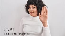  Presentation with saying - Presentation design with hispanic-woman-with-curly-hair background and a light gray colored foreground