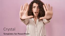  Presentation with frustration - Presentation theme enhanced with hispanic-woman-with-curly-hair background and a soft green colored foreground