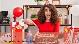  Presentation with happy birthday cake - Slide deck with hispanic-woman-with-curly-hair background and a coral colored foreground