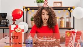  Presentation with birthday cake - Presentation featuring hispanic-woman-with-curly-hair background and a coral colored foreground