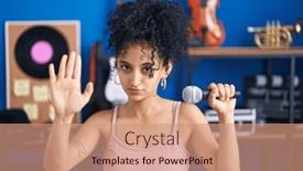  Presentation with music studio lowers - Slides featuring hispanic-woman-with-curly-hair background and a  colored foreground