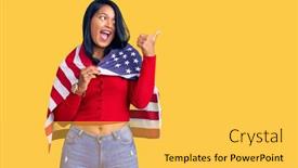  Presentation with united states flag - PPT theme with hispanic-woman-with-long-hair background and a yellow colored foreground