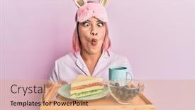  Presentation with healthy breakfast - PPT theme enhanced with hispanic-woman-with-pink-hair background and a coral colored foreground