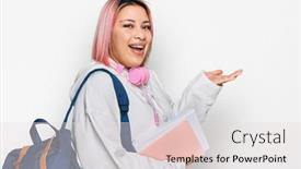  Presentation with woman hands open - Beautiful slide set featuring hispanic-woman-with-pink-hair backdrop and a light gray colored foreground