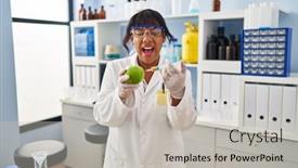  Presentation with mad scientist - Presentation design consisting of hispanic-woman-working-at-scientist background and a light gray colored foreground