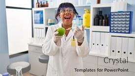  Presentation with mad scientist - Presentation design having hispanic-woman-working-at-scientist background and a light gray colored foreground
