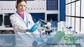  Presentation with defense - PPT theme featuring hispanic-woman-working-at-scientist background and a teal colored foreground