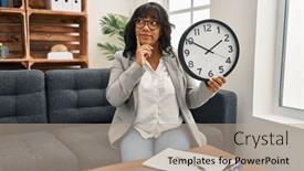  Presentation with clock face - Slide set consisting of hispanic-woman-working-at-therapy background and a coral colored foreground