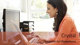  Presentation with home office - PPT theme enhanced with computer documentation - hispanic woman working in home background and a coral colored foreground